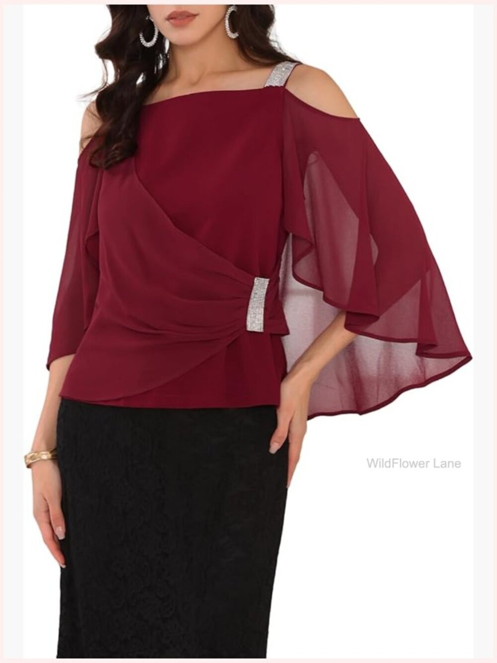 Cold Shoulder Top Rhinestone Strap Elegant Ruched Chiffon Cocktail Blouse